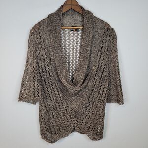 Gold Linen Blend Crochet Wrap Cardigan 3/4 Sleeve Womens L Indie Luxe Grunge